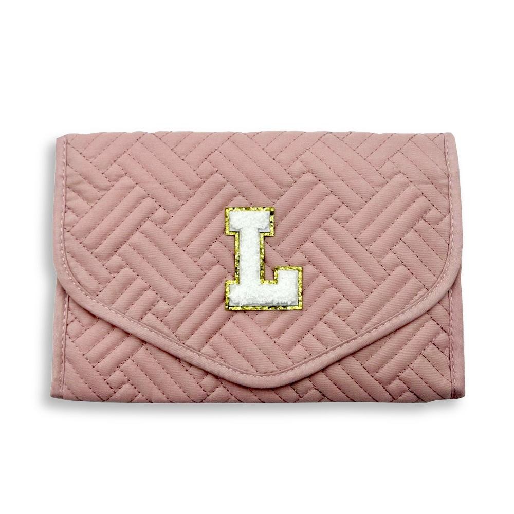 Quilted Foldable Jewelry Organizer Featuring Chenille Initial Glitter Patch - Snap Closure - Inside Elastic Open Pocket - 2 Inside Zip Pockets - 2 Ring Holders - 4 Snap Necklace Holders - Earring Organizer - Approximately 8.5"W X 5.75"T view 2