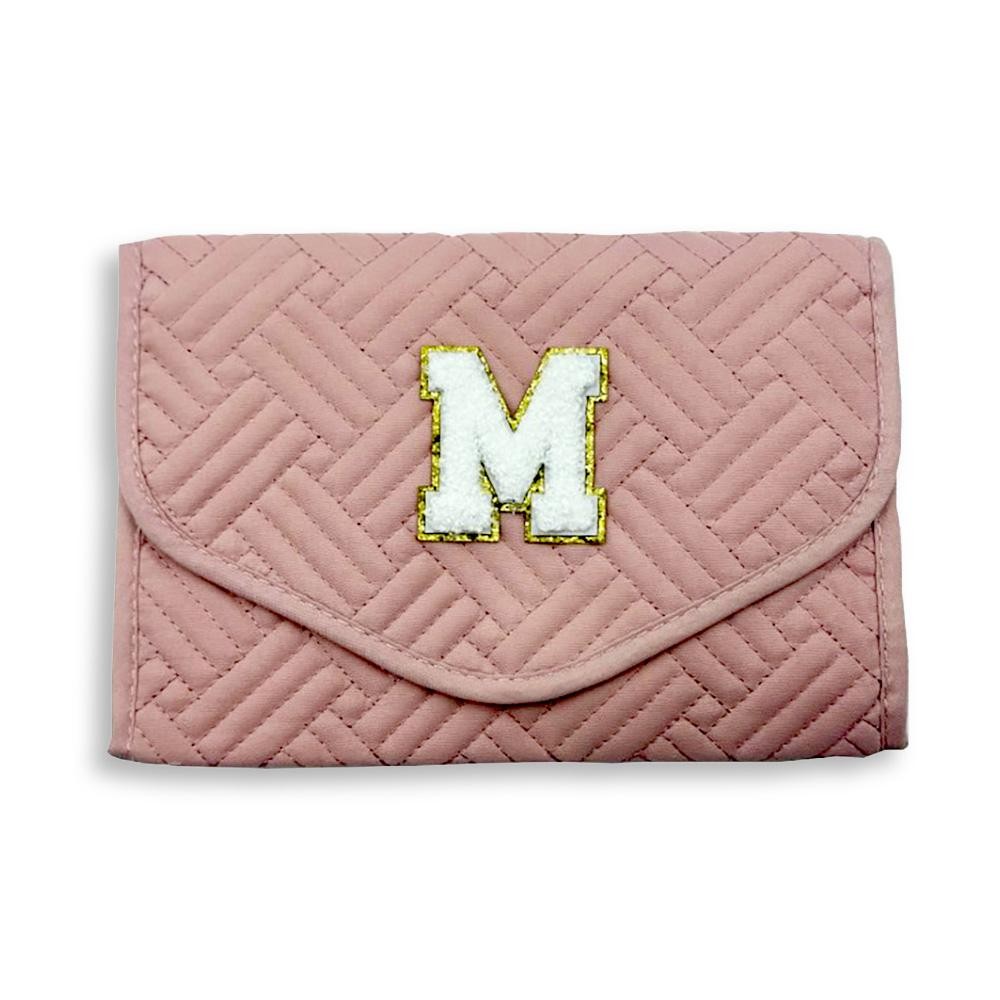 Quilted Foldable Jewelry Organizer Featuring Chenille Initial Glitter Patch - Snap Closure - Inside Elastic Open Pocket - 2 Inside Zip Pockets - 2 Ring Holders - 4 Snap Necklace Holders - Earring Organizer - Approximately 8.5"W X 5.75"T view 2