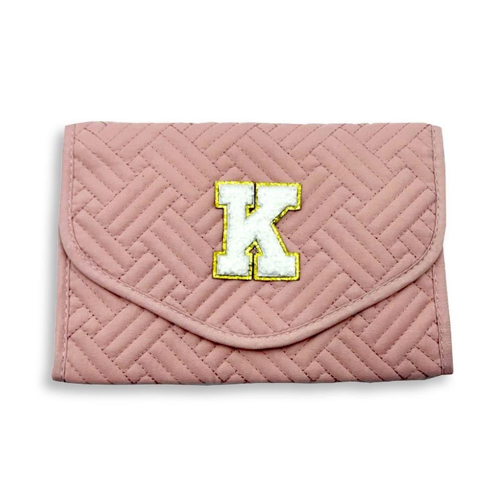 Quilted Foldable Jewelry Organizer Featuring Chenille Initial Glitter Patch - Snap Closure - Inside Elastic Open Pocket - 2 Inside Zip Pockets - 2 Ring Holders - 4 Snap Necklace Holders - Earring Organizer - Approximately 8.5"W X 5.75"T view 2