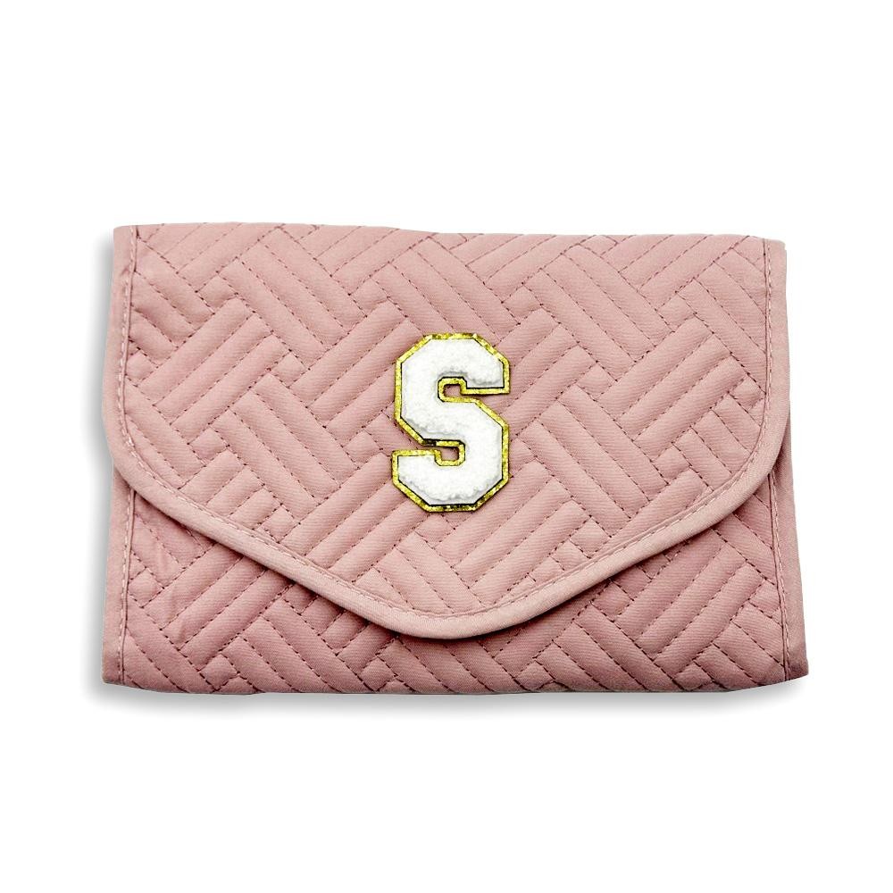 Quilted Foldable Jewelry Organizer Featuring Chenille Initial Glitter Patch - Snap Closure - Inside Elastic Open Pocket - 2 Inside Zip Pockets - 2 Ring Holders - 4 Snap Necklace Holders - Earring Organizer - Approximately 8.5"W X 5.75"T view 2