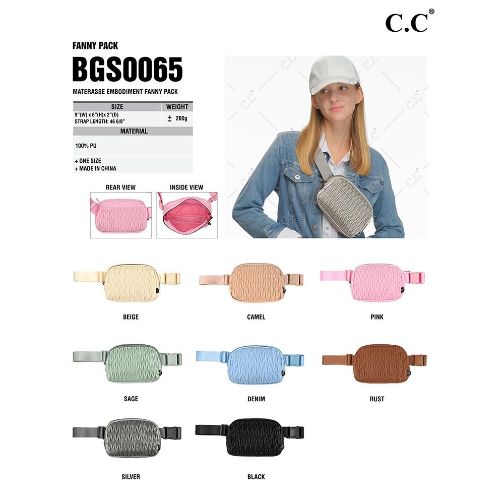 C.C BGS0065 Quilted Chevron Fanny Pack - Full Zipper Closure - 3 Internal Mesh Pockets - Hidden Back Zipper Pocket - Approximately 9"W X 6"T X 2"D - Adjustable 25-46"L - 100% PU view 4