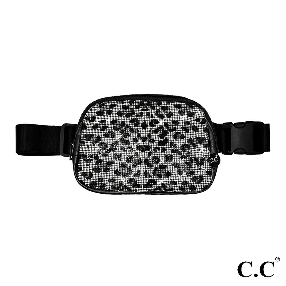 C.C BGS4367 Animal Print Rhinestone Fanny Pack - Full Zipper Closure - 3 Internal Mesh Pockets - Hidden Back Zipper Pocket - Approximately 9"W X 6"T X 2"D - Adjustable 25-46"L - 100% PU view 2