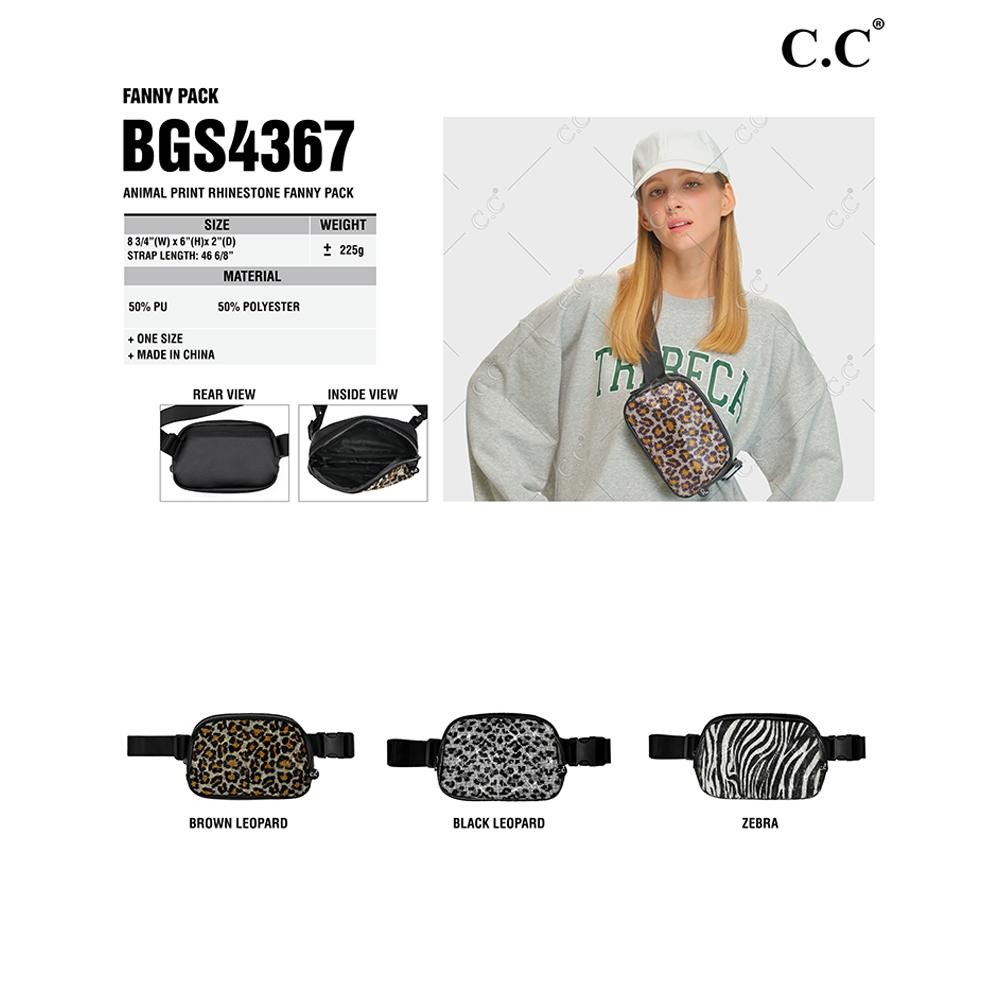 C.C BGS4367 Animal Print Rhinestone Fanny Pack - Full Zipper Closure - 3 Internal Mesh Pockets - Hidden Back Zipper Pocket - Approximately 9"W X 6"T X 2"D - Adjustable 25-46"L - 100% PU view 4