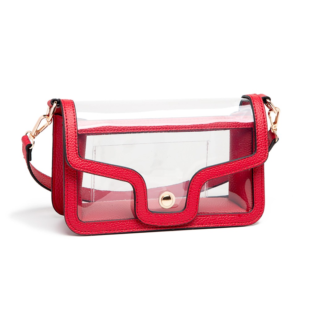 Clear Vegan Leather Crossbody Wristlet Clutch - Magnetic Button Closure - Open Internal Card Pocket - Removable Wristlet Strap - Chain Crossbody Strap - Approximately 9"W X 6"T X3"D - Strap Drop 23"L view 2