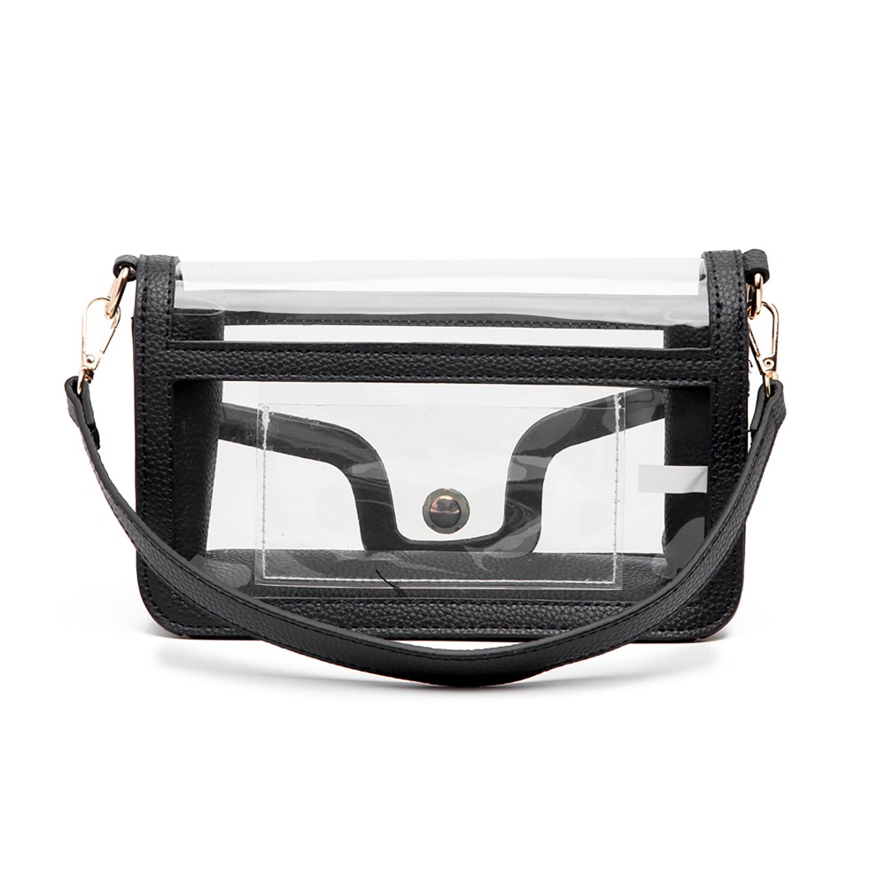 Clear Vegan Leather Crossbody Wristlet Clutch - Magnetic Button Closure - Open Internal Card Pocket - Removable Wristlet Strap - Chain Crossbody Strap - Approximately 9"W X 6"T X3"D - Strap Drop 23"L view 6