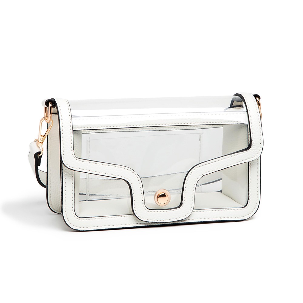 Clear Vegan Leather Crossbody Wristlet Clutch - Magnetic Button Closure - Open Internal Card Pocket - Removable Wristlet Strap - Chain Crossbody Strap - Approximately 9"W X 6"T X3"D - Strap Drop 23"L view 2
