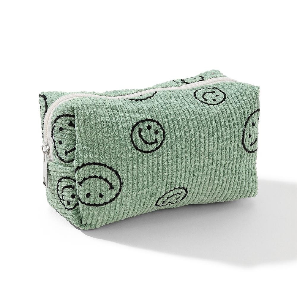 Happy Face Corduroy Makeup Pouch - Full Zipper Closure - Lined Interior - Approximately 7" W X 4" T X 2.5" D view 2