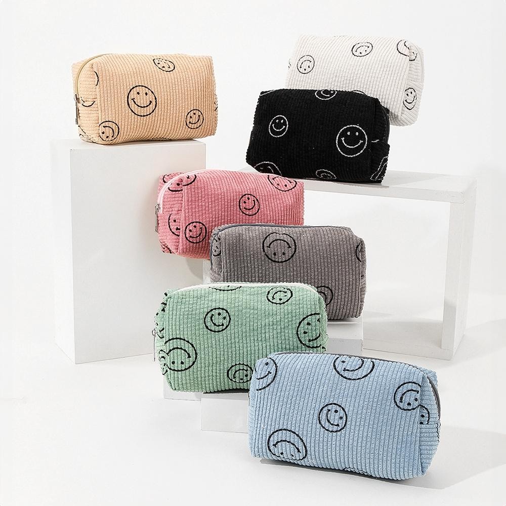 Happy Face Corduroy Makeup Pouch - Full Zipper Closure - Lined Interior - Approximately 7" W X 4" T X 2.5" D view 4