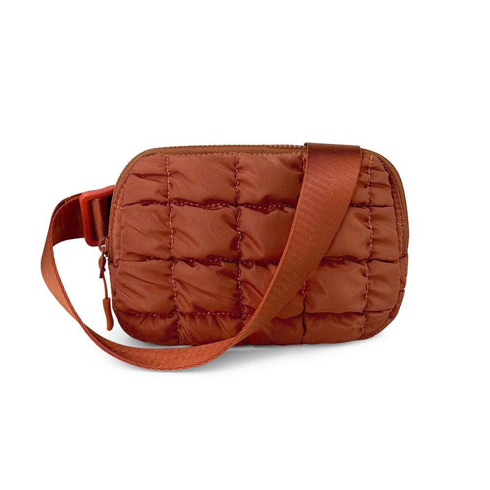 Quilted Puffer Sling Belt Bag - Full Zip Closure - One Internal Mesh Pocket & One Internal Open Pocket - Strap And Buckle 1.5" W - Adjustable Strap Approximately 25"- 42" L - Approximately 8"L X 5"T X 2"W view 2