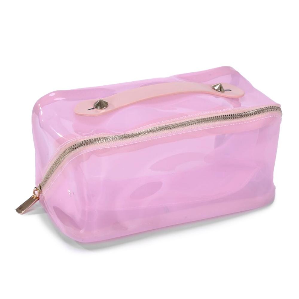 Frosted Plastic Travel Makeup Bag - Full Zipper Closure - One Internal Makeup Brush Pocket - Center Lays Flat When Bag Is Opened - Approximately 8.5” W X 5” T X 7” D - Internal Zipper Pocket Approx. 8” W X 4” T view 2