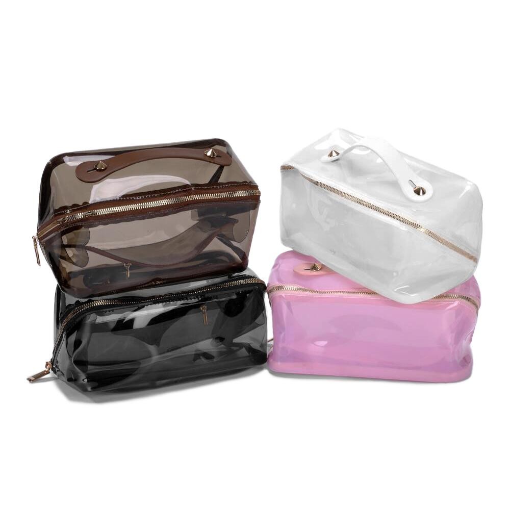 Frosted Plastic Travel Makeup Bag - Full Zipper Closure - One Internal Makeup Brush Pocket - Center Lays Flat When Bag Is Opened - Approximately 8.5” W X 5” T X 7” D - Internal Zipper Pocket Approx. 8” W X 4” T view 4