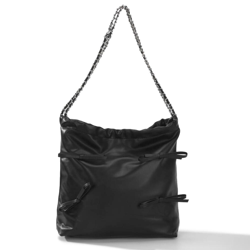 Vegan Leather Shoulder Tote Bag Featuring Bow Details & Chain Link Straps - Magnetic Snap Closure - Lined Body - One Internal Open Pocket - Strap Drop 10" L - Approximately 12" W X 10" H X 4" D view 2