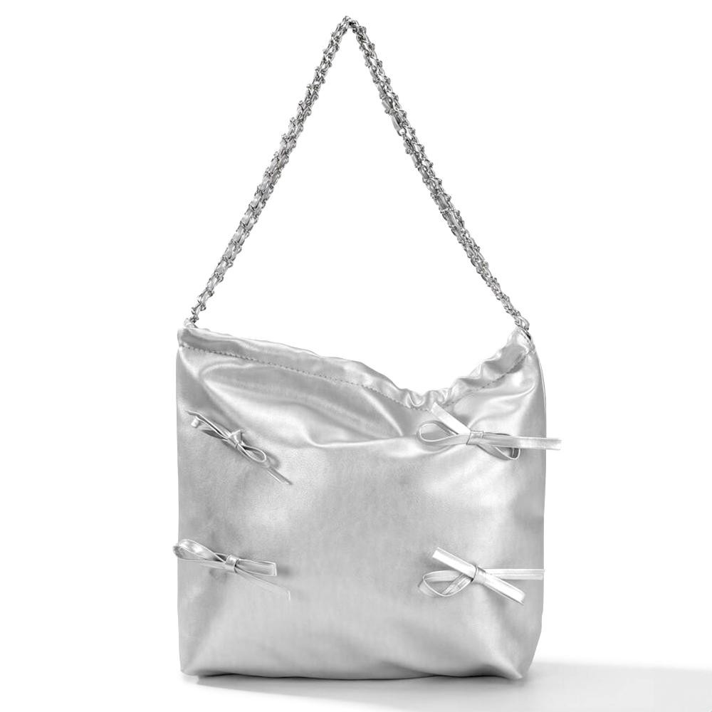 Vegan Leather Shoulder Tote Bag Featuring Bow Details & Chain Link Straps - Magnetic Snap Closure - Lined Body - One Internal Open Pocket - Strap Drop 10" L - Approximately 12" W X 10" H X 4" D view 2