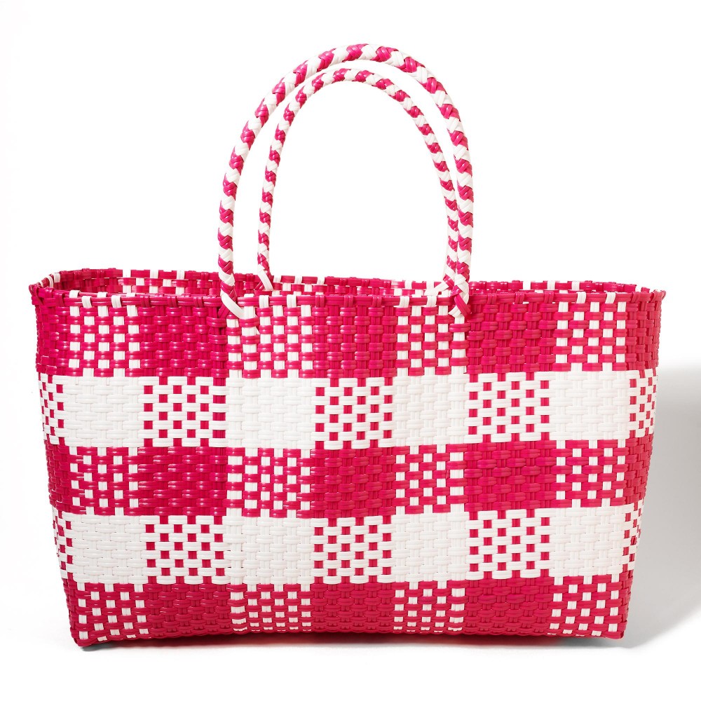 Recycled PVC Handwoven Tote Basket Bag - Approximately 17" W X 9.5" T X 6" D - Handle 5.5" L - 100% PVC view 2