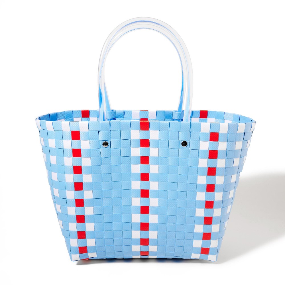 Checkered Handwoven Tote Basket Bag - Approximately 9" W X 9" T X 6" D - Handle 5" L - 100% PVC view 2