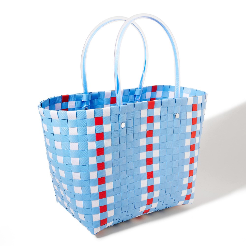 Checkered Handwoven Tote Basket Bag - Approximately 9" W X 9" T X 6" D - Handle 5" L - 100% PVC view 4