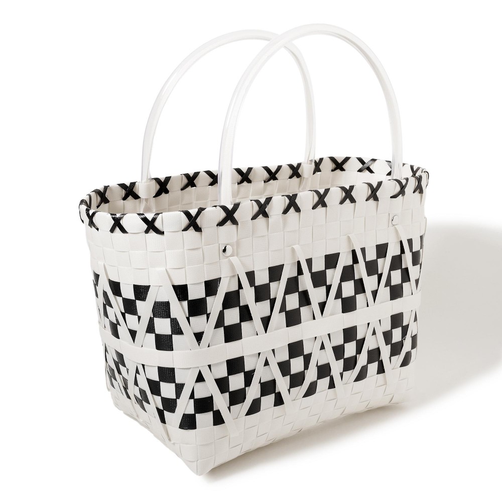 Zig Zag Woven Tote Basket Bag - Approximately 10" W X 9" T X 6" D - Handle 5" L - 100% PVC view 4