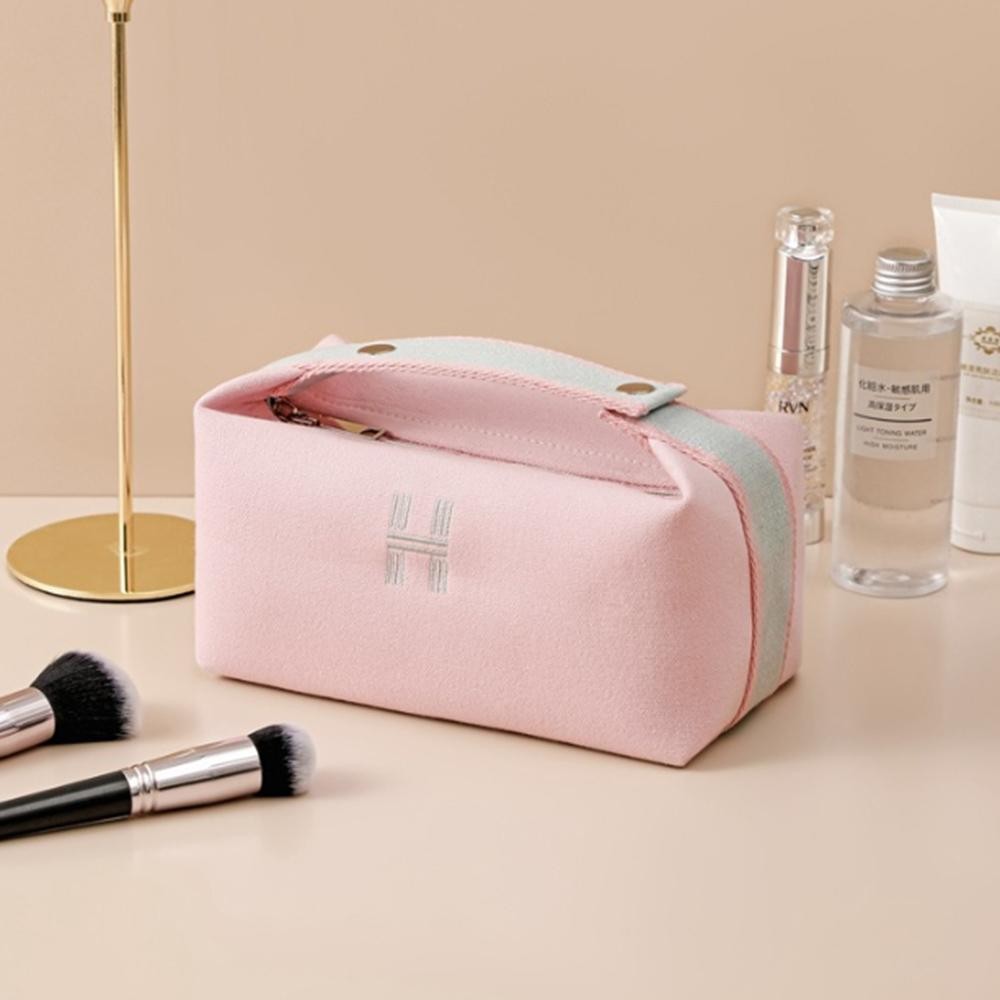 Lined Canvas Makeup Bag With Button Snap Handle - Zip Closure - Lined Inside With Four Pockets - Approximately 8" L x 5" T x 4.5" D view 2