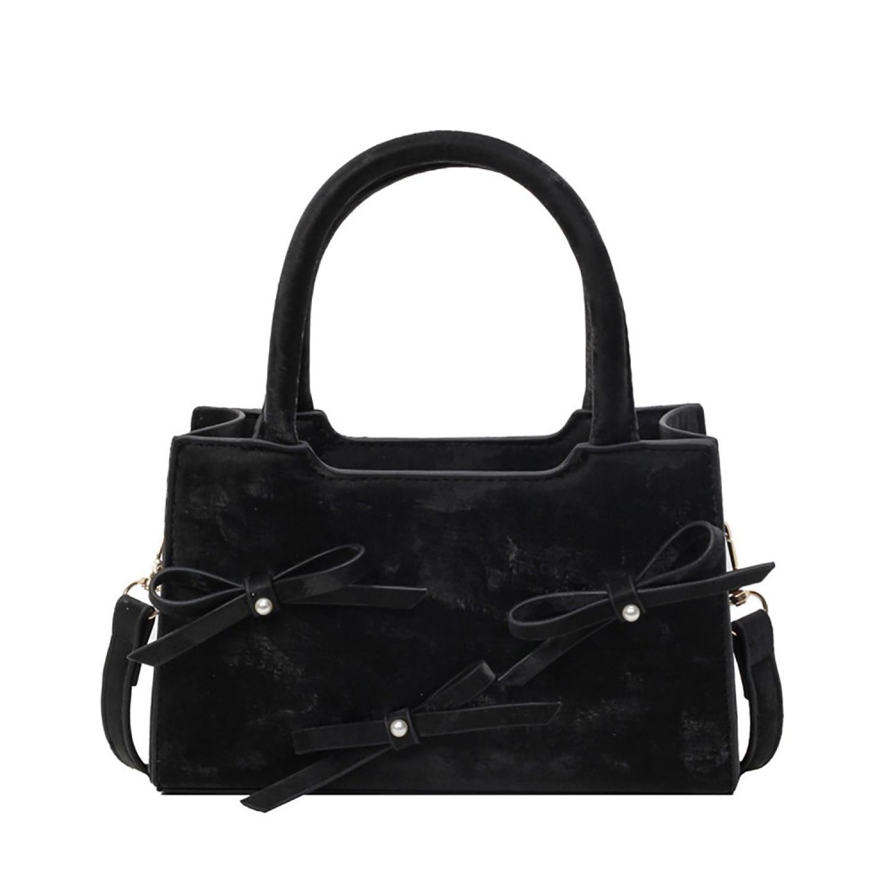 Faux Suede Bow Cross Body Tote Bag - Full Zip Closure - Lined Body - One Open Inner Pocket - Removable / Adjustable Crossbody Strap - Body Approximately 8"W x 5" T x 3" D - Strap Drop 12-32" L - Coated Vegan Leather PU view 2