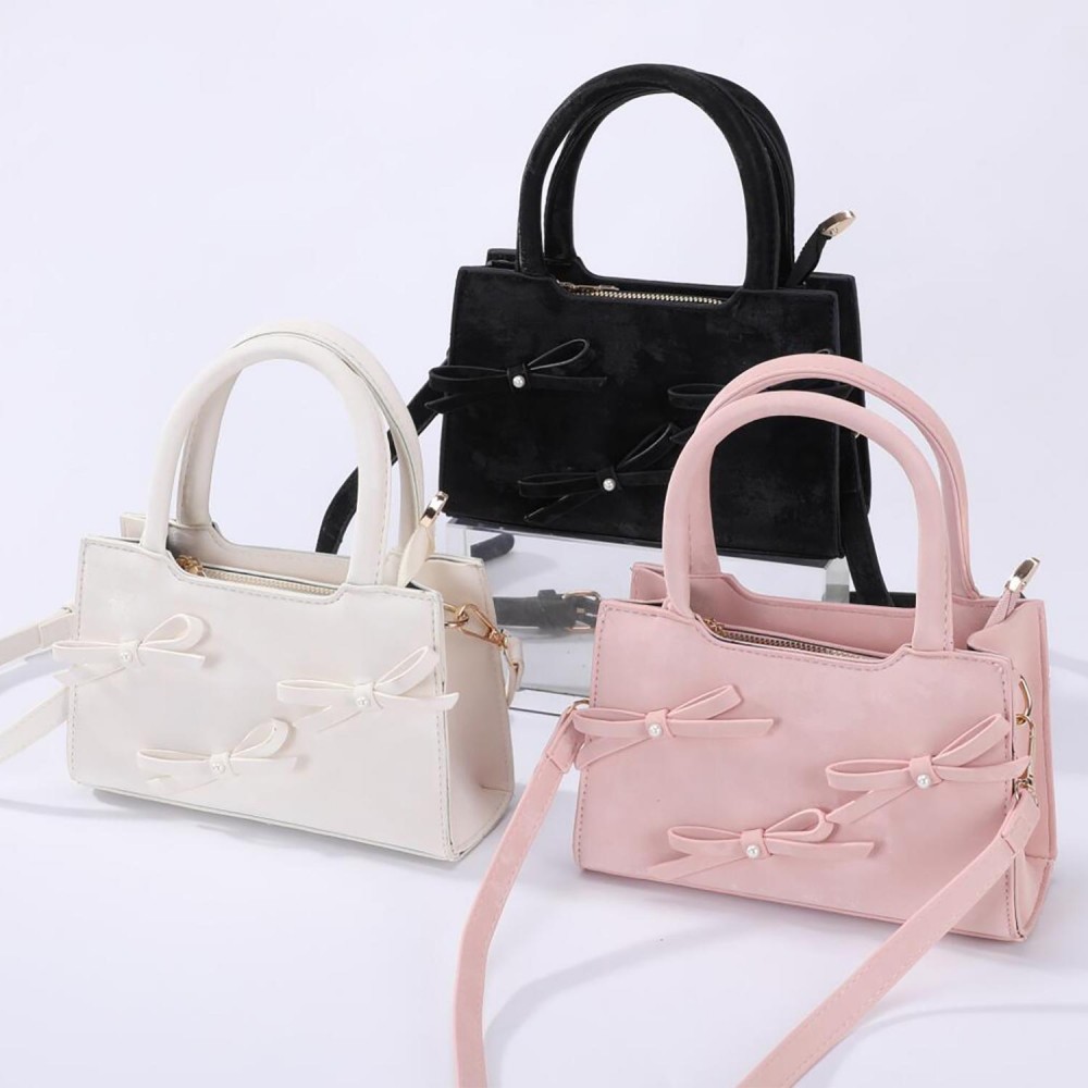 Faux Suede Bow Cross Body Tote Bag - Full Zip Closure - Lined Body - One Open Inner Pocket - Removable / Adjustable Crossbody Strap - Body Approximately 8"W x 5" T x 3" D - Strap Drop 12-32" L - Coated Vegan Leather PU view 4
