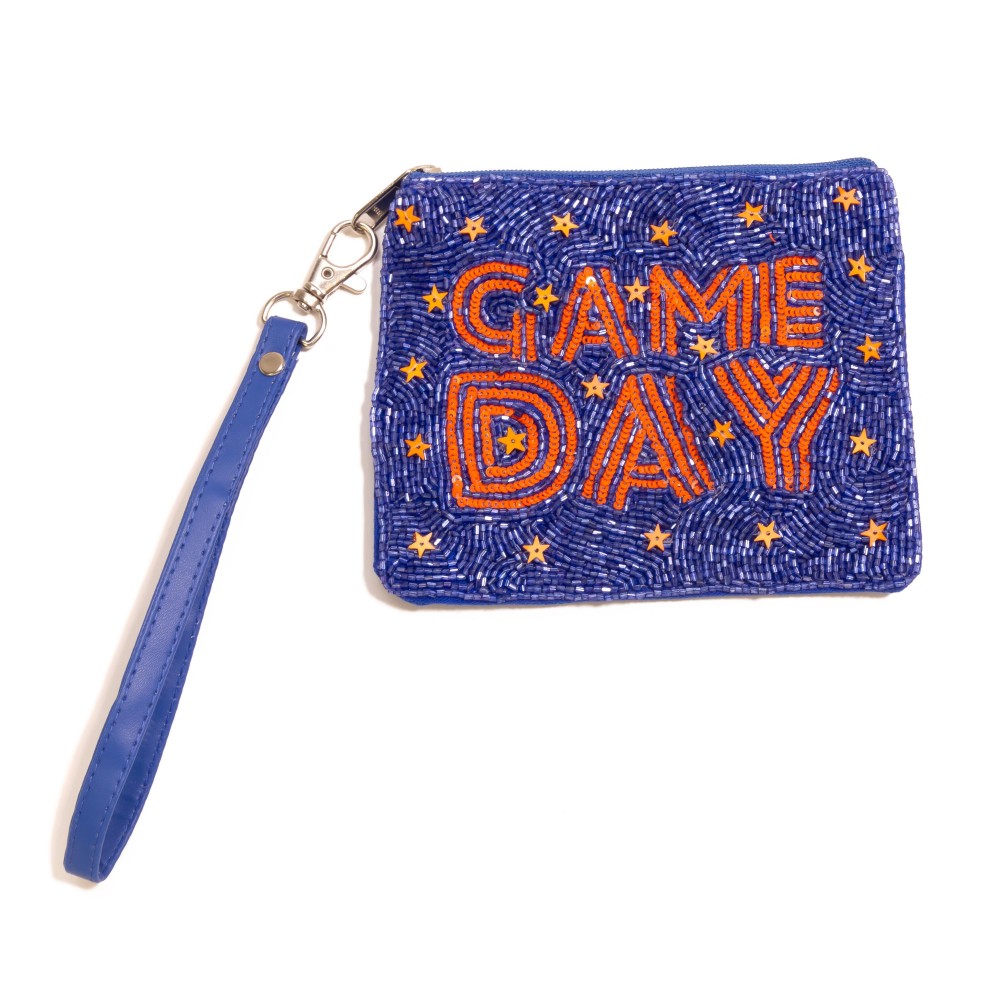 Seed Bead & Sequin "GAME DAY" Wristlet - Lined Interior - Full Zipper Closure - Approximately 5.5" L X 4.5" T - Removable Wristlet Strap view 2