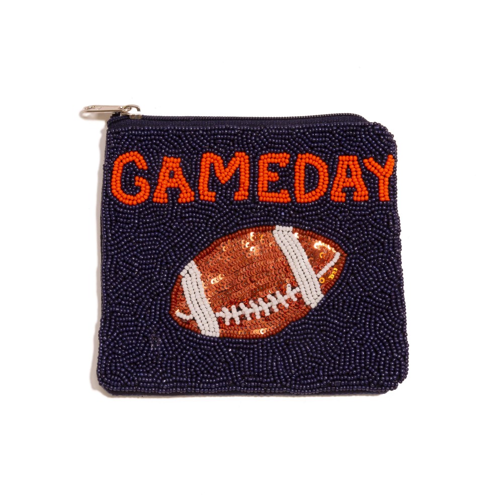 Seed Bead 'GAME DAY' & Sequin Football Coin Pouch - Lined Interior - Full Zipper Closure - Approximately 5" L X 4.5" T view 2