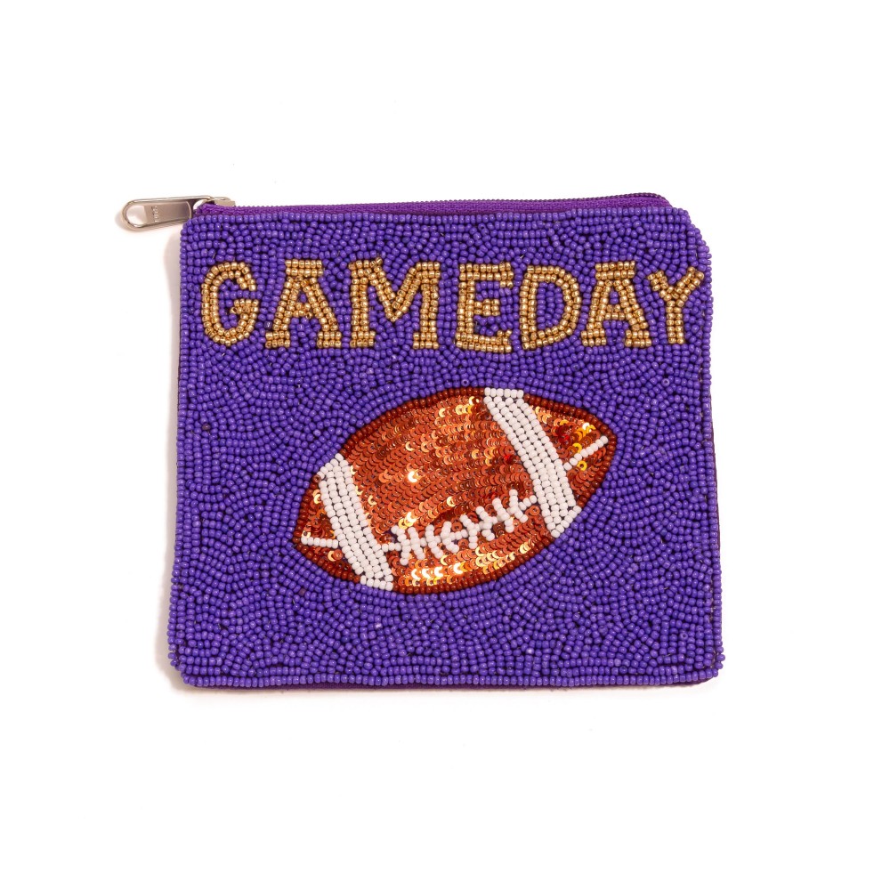 Seed Bead 'GAME DAY' & Sequin Football Coin Pouch - Lined Interior - Full Zipper Closure - Approximately 5" L X 4.5" T view 2