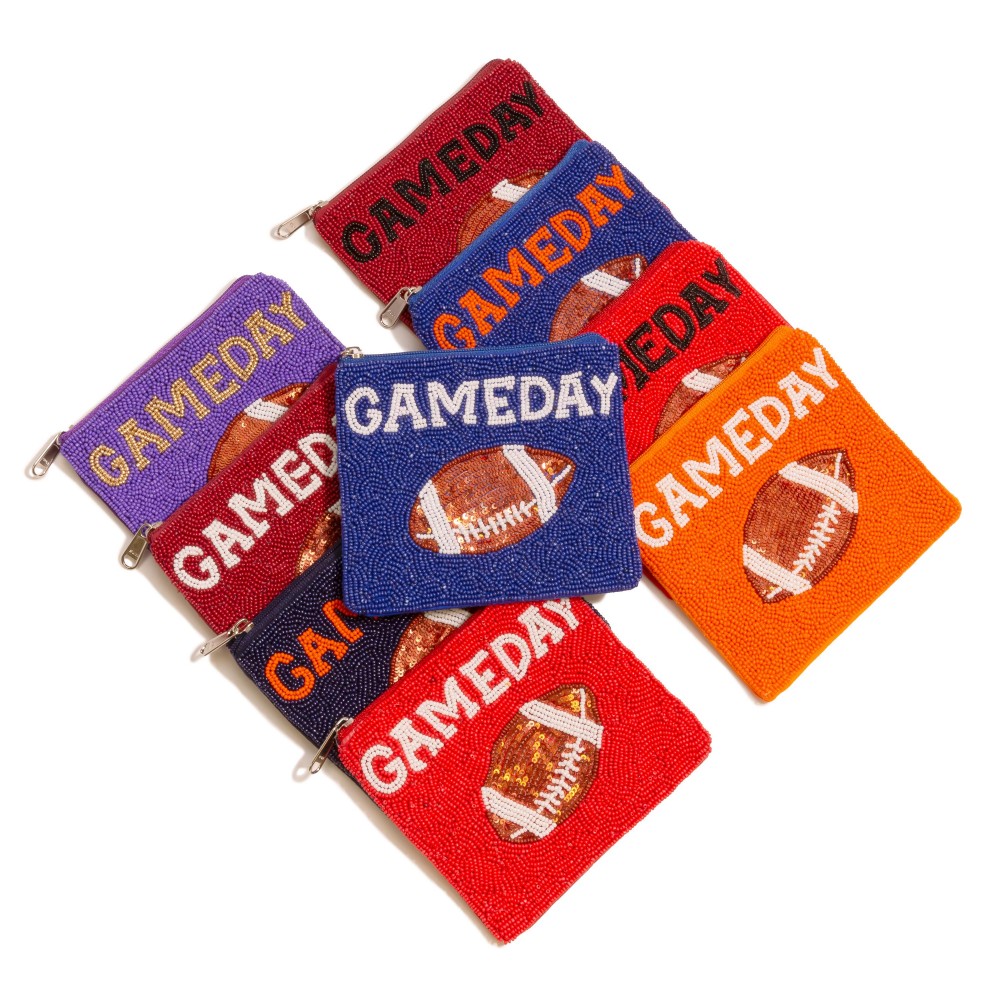 Seed Bead 'GAME DAY' & Sequin Football Coin Pouch - Lined Interior - Full Zipper Closure - Approximately 5" L X 4.5" T view 4