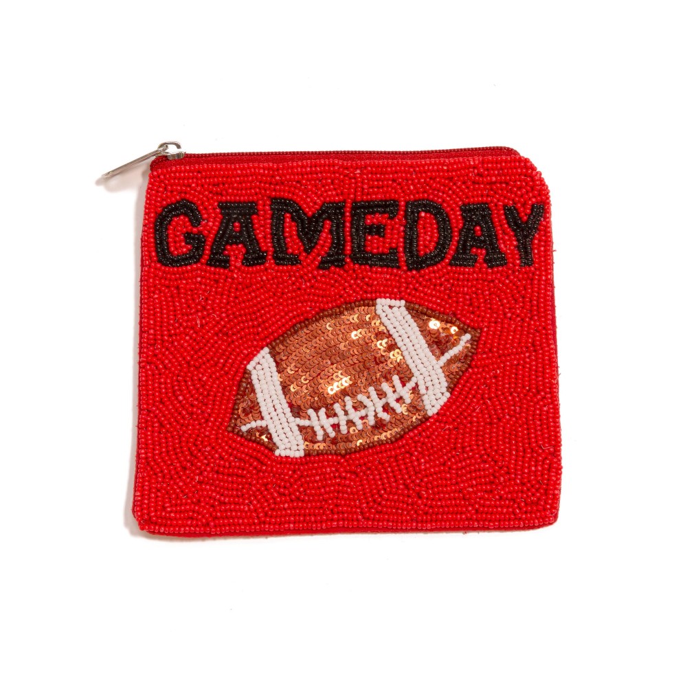 Seed Bead 'GAME DAY' & Sequin Football Coin Pouch - Lined Interior - Full Zipper Closure - Approximately 5" L X 4.5" T view 2