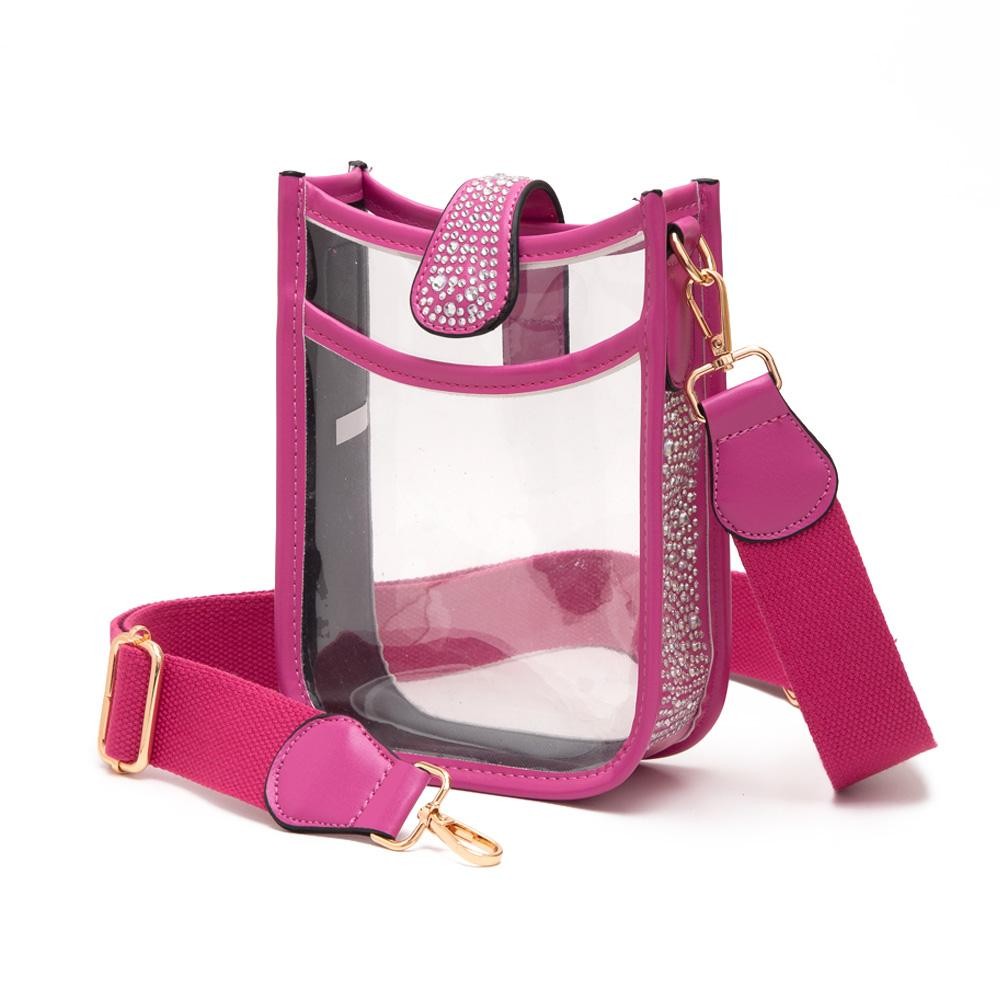 Clear Cross Body Bag With Rhinestone Studded Vegan Leather Walls - Snap Closure - One Outer Open Pocket - Detachable Canvas Strap - Approximately 6" L x 7" T x 2.5" W - Strap Drop 15"- 24" L view 2
