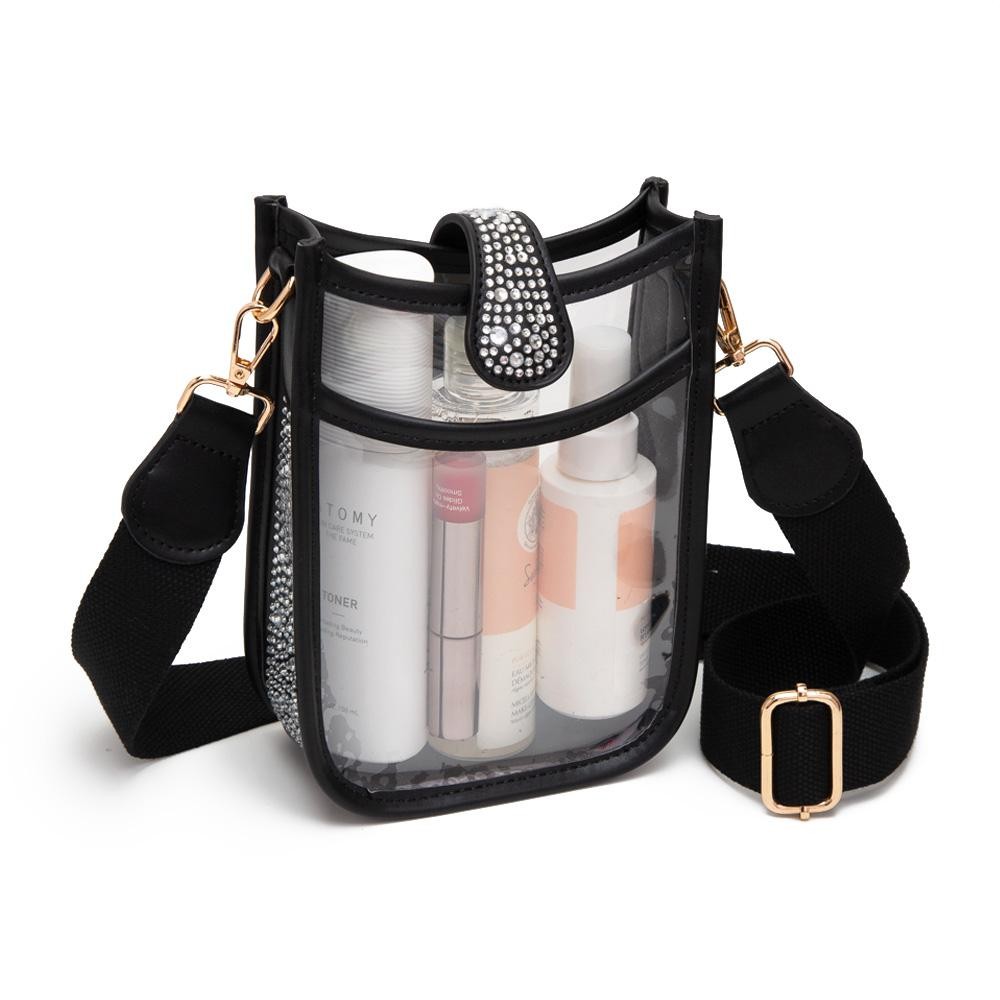 Clear Cross Body Bag With Rhinestone Studded Vegan Leather Walls - Snap Closure - One Outer Open Pocket - Detachable Canvas Strap - Approximately 6" L x 7" T x 2.5" W - Strap Drop 15"- 24" L view 4