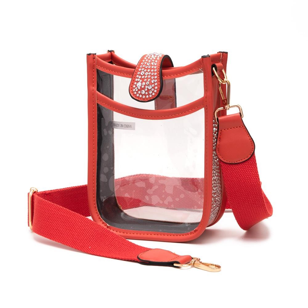 Clear Cross Body Bag With Rhinestone Studded Vegan Leather Walls - Snap Closure - One Outer Open Pocket - Detachable Canvas Strap - Approximately 6" L x 7" T x 2.5" W - Strap Drop 15"- 24" L view 2
