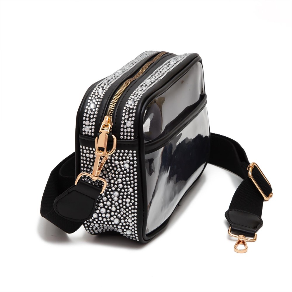 Clear PU Cross Body Bag With Rhinestone Studded Vegan Leather Walls and Trim - Zip Closure - One Outer Open Pocket - Detachable Canvas Strap - Approximately 10" L x 6.5" T x 2.5" W - Strap Drop 15" - 24" L view 4