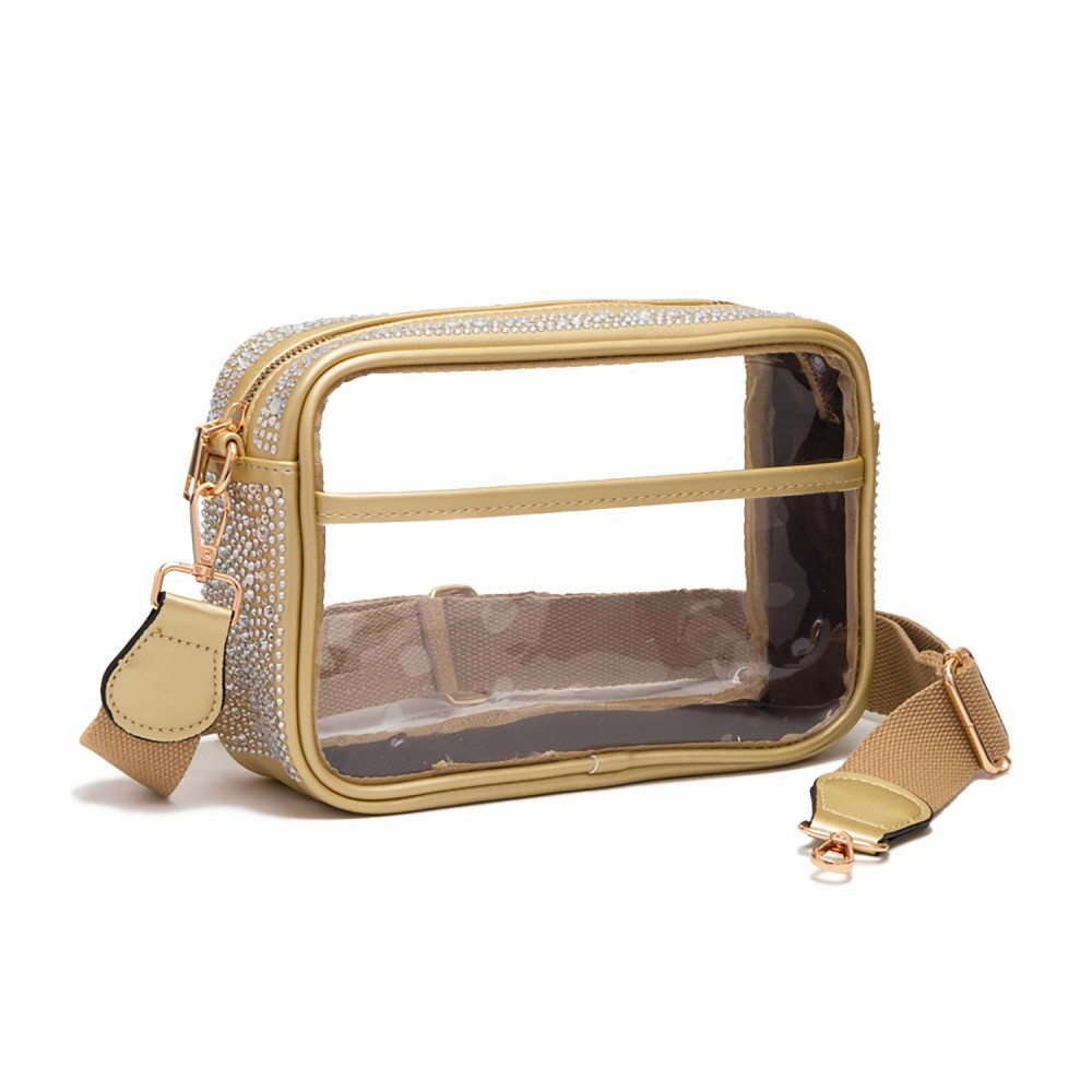 Clear PU Cross Body Bag With Rhinestone Studded Vegan Leather Walls and Trim - Zip Closure - One Outer Open Pocket - Detachable Canvas Strap - Approximately 10" L x 6.5" T x 2.5" W - Strap Drop 15" - 24" L view 2