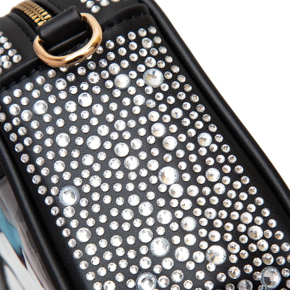 Clear PU Cross Body Bag With Rhinestone Studded Vegan Leather Walls and Trim - Zip Closure - One Outer Open Pocket - Detachable Canvas Strap - Approximately 10" L x 6.5" T x 2.5" W - Strap Drop 15" - 24" L view 6