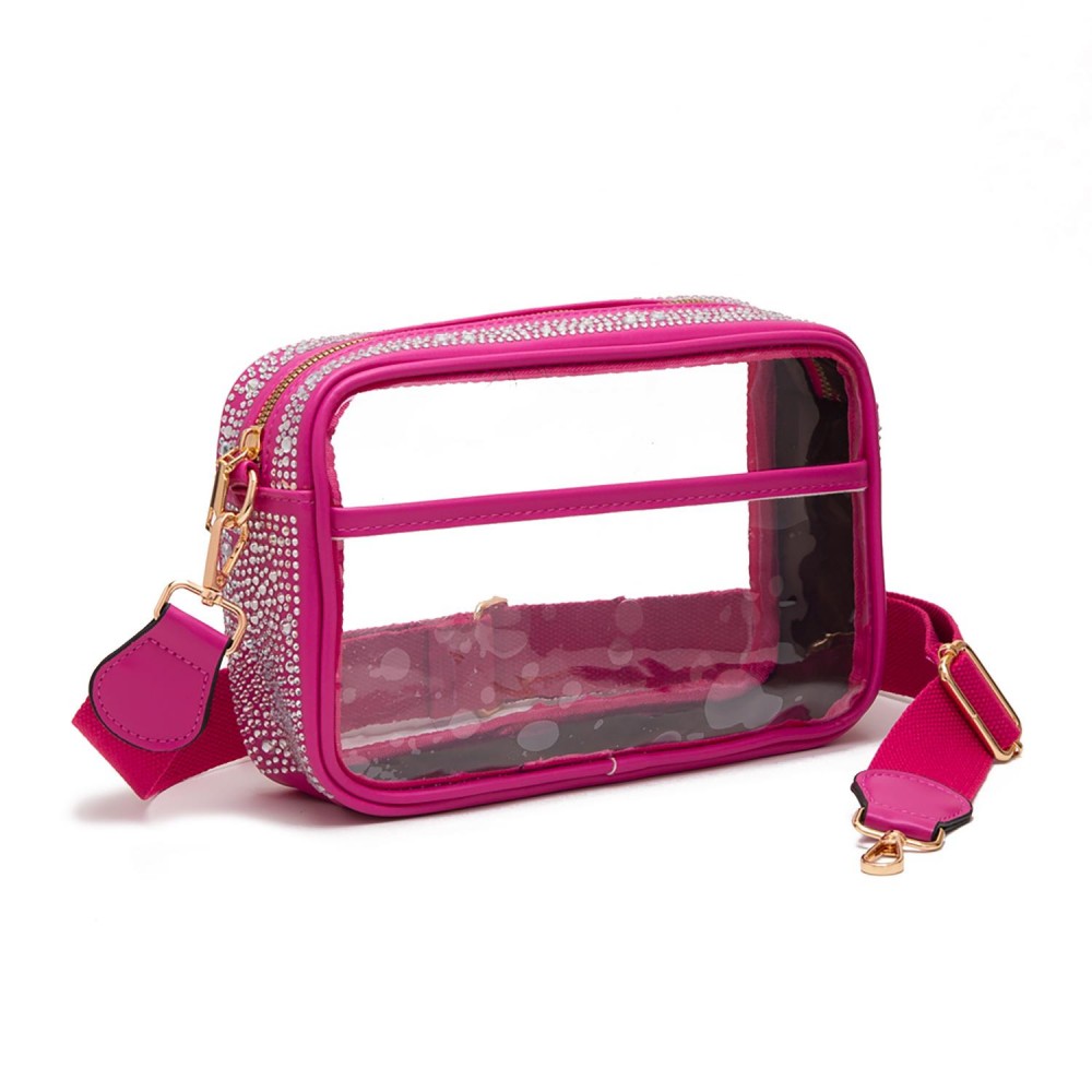 Clear PU Cross Body Bag With Rhinestone Studded Vegan Leather Walls and Trim - Zip Closure - One Outer Open Pocket - Detachable Canvas Strap - Approximately 10" L x 6.5" T x 2.5" W - Strap Drop 15" - 24" L view 2