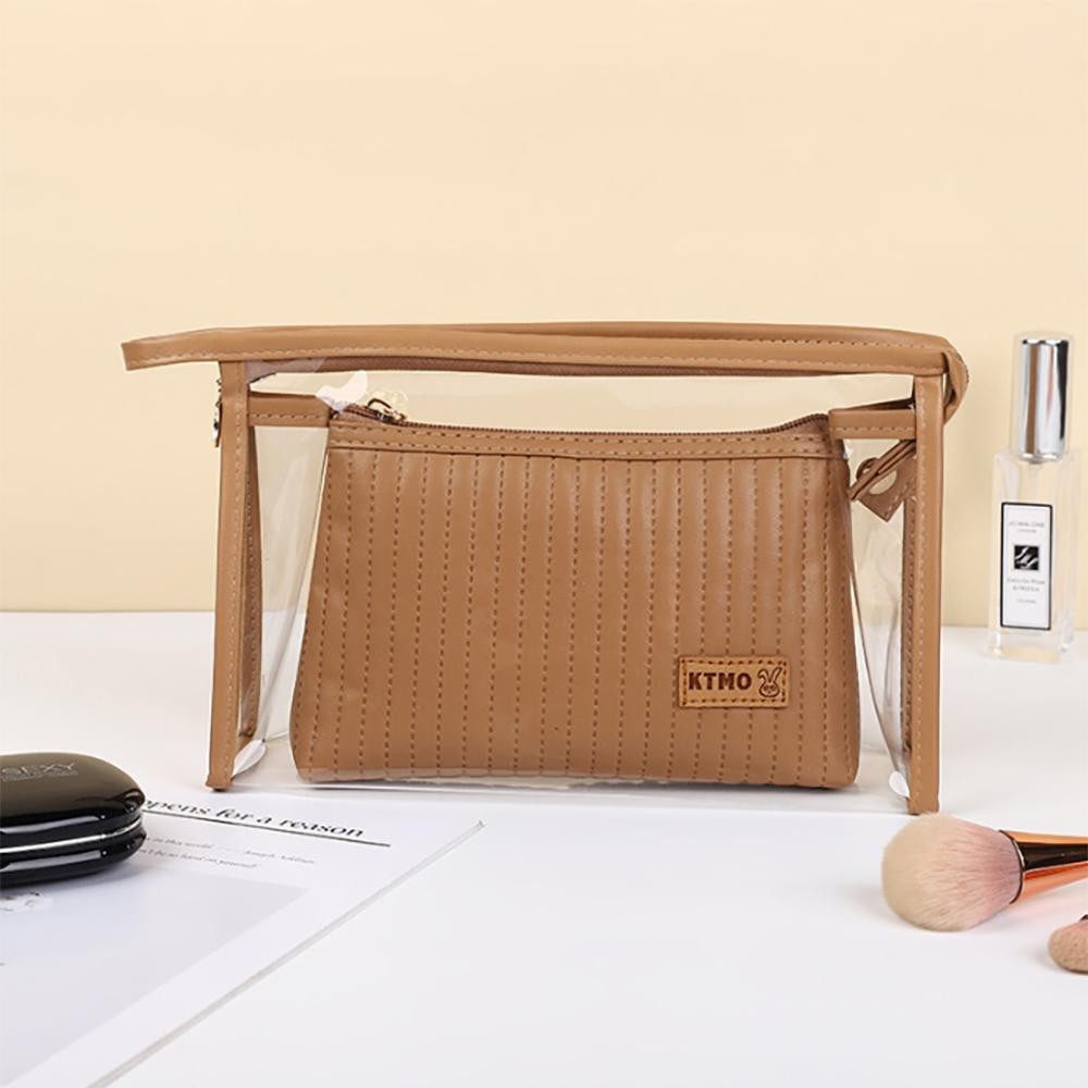 Clear Makeup Bag With Inner Removable PU Puffer Makeup Pouch - Clear Bag: Zip Closure / Approximately 9" L x 6" T x 2.5" D - Inner Pouch: Zip Closure / Approximately 7" L x 5" T x 1" D view 2
