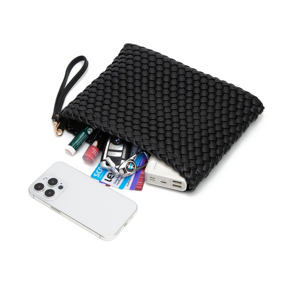 Vegan Leather Basket Weave Wristlet Clutch Bag - Zip Closure - Lined Inside With Two Pockets: One Zip / One Open - Detachable Wristlet Strap - Approximately 10" L x 8" T x 1" D view 4