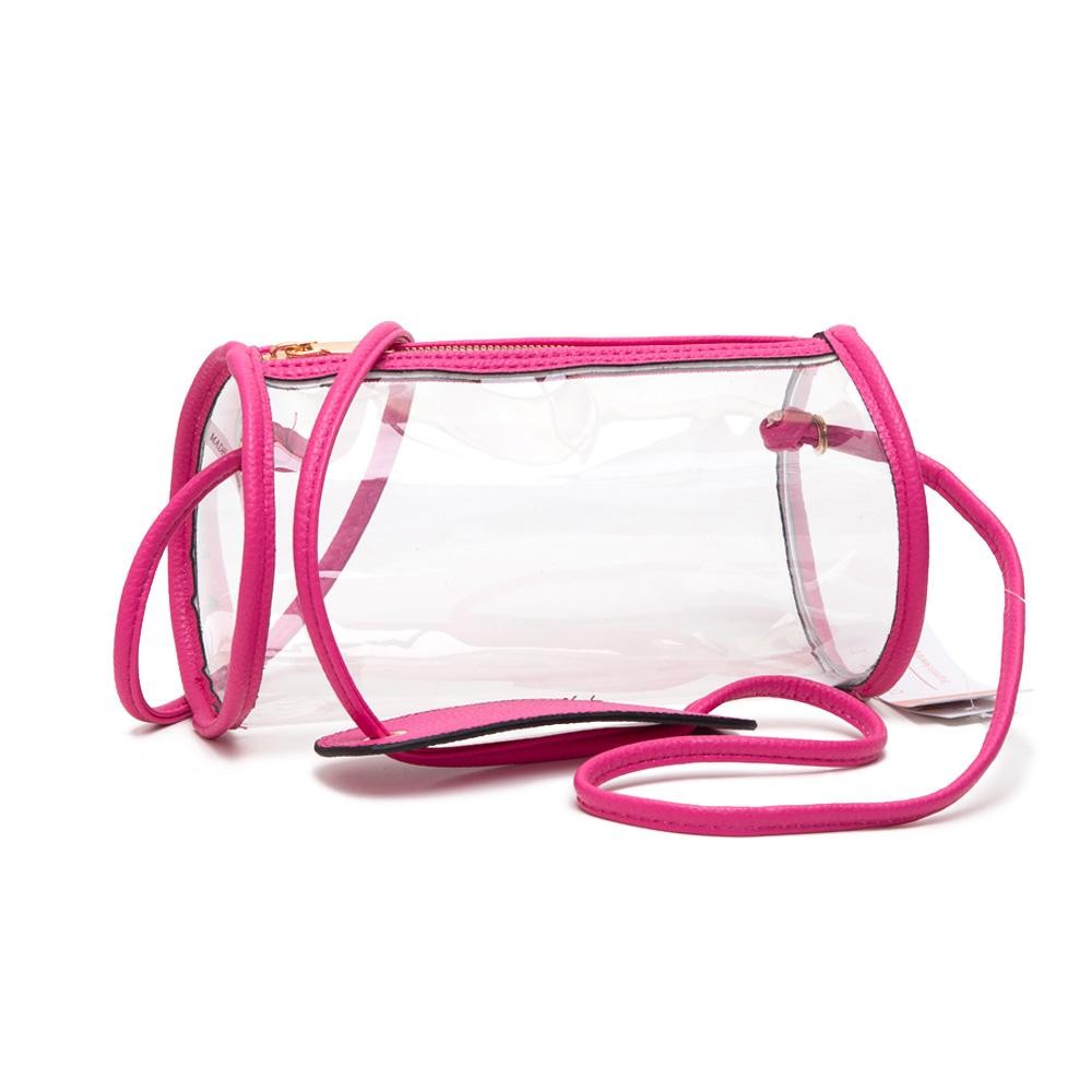 Clear Cylinder Crossbody Bag With Vegan Leather Trim & Shoulder Support Pad - Zip Closure - Approximately 9" L x 5" T x 5" W - Strap Drop: 20" L view 2