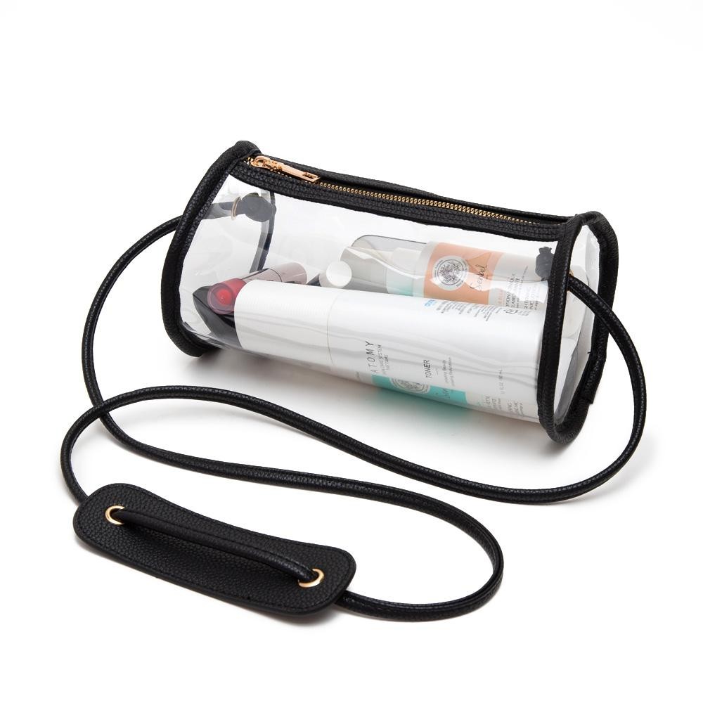 Clear Cylinder Crossbody Bag With Vegan Leather Trim & Shoulder Support Pad - Zip Closure - Approximately 9" L x 5" T x 5" W - Strap Drop: 20" L view 4