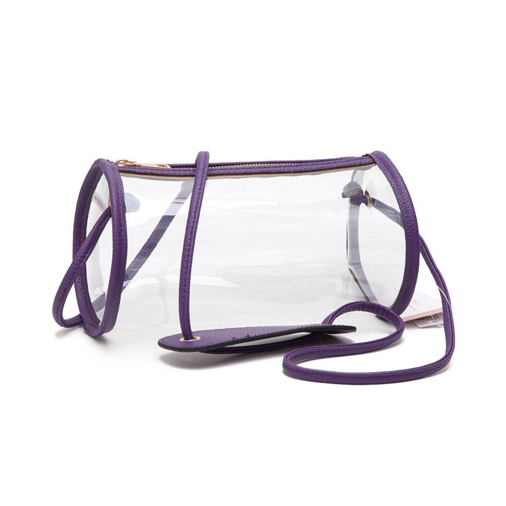 Clear Cylinder Crossbody Bag With Vegan Leather Trim & Shoulder Support Pad - Zip Closure - Approximately 9" L x 5" T x 5" W - Strap Drop: 20" L view 2