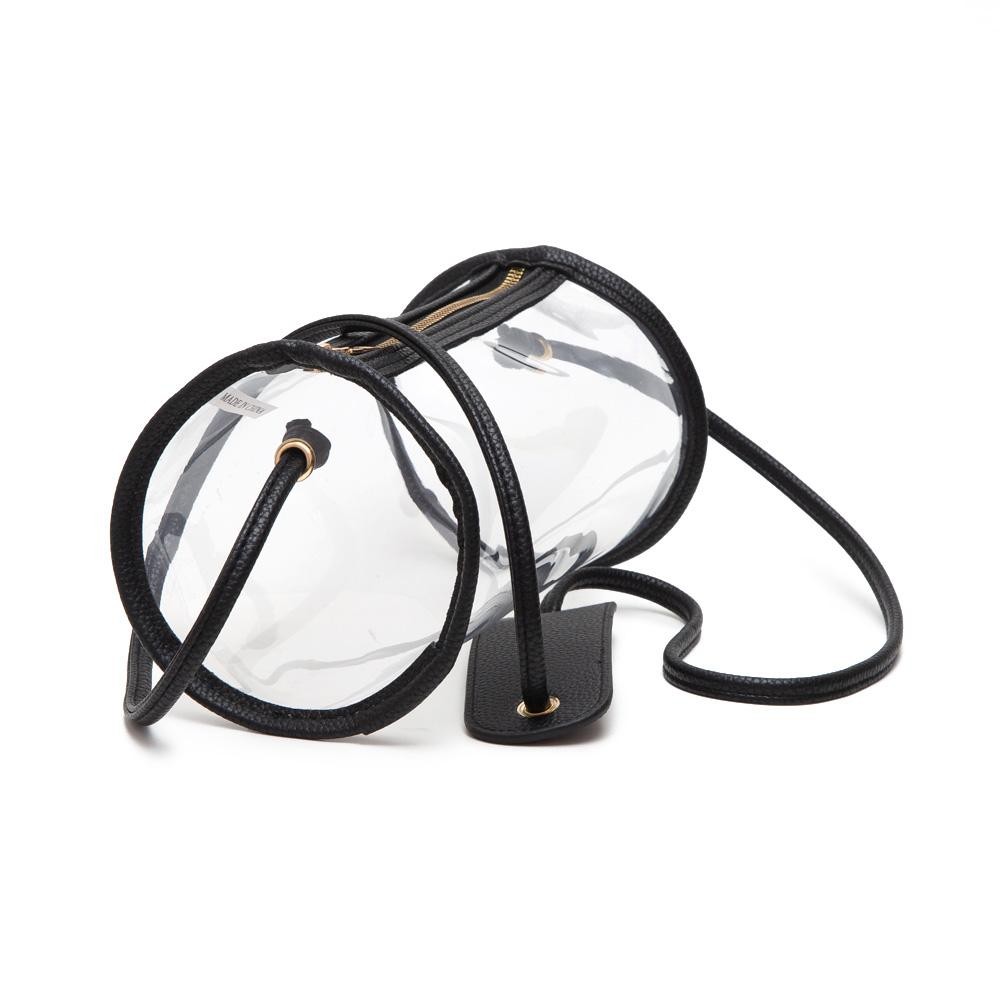 Clear Cylinder Crossbody Bag With Vegan Leather Trim & Shoulder Support Pad - Zip Closure - Approximately 9" L x 5" T x 5" W - Strap Drop: 20" L view 6