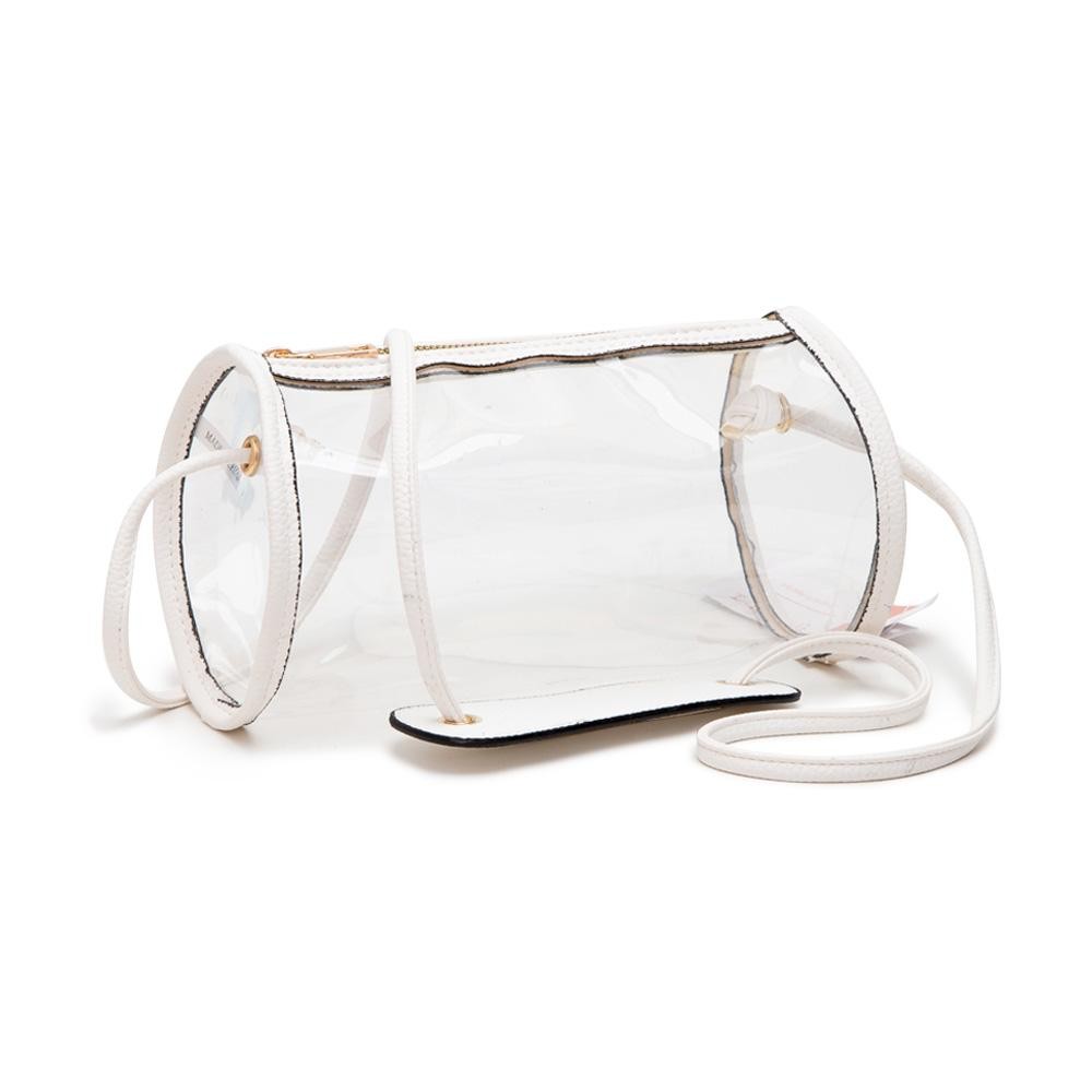 Clear Cylinder Crossbody Bag With Vegan Leather Trim & Shoulder Support Pad - Zip Closure - Approximately 9" L x 5" T x 5" W - Strap Drop: 20" L view 2