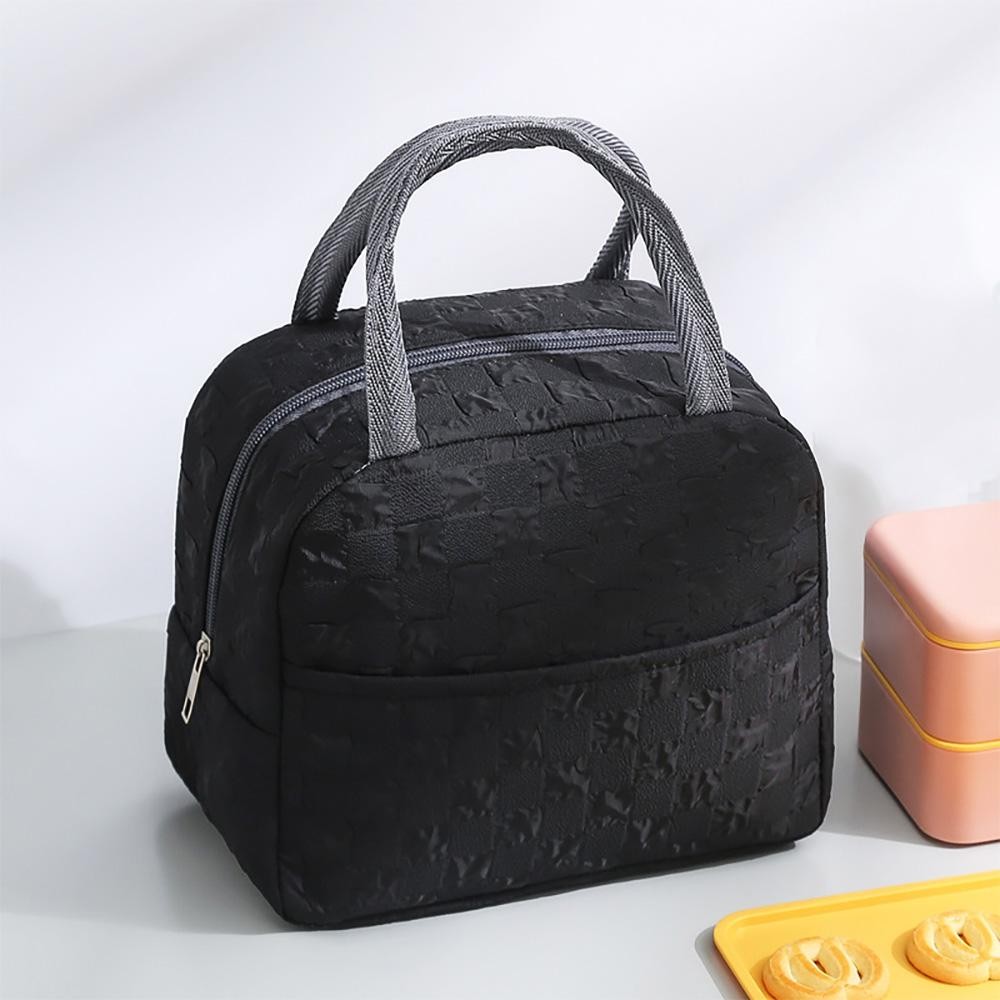 Quilted Checker Lunch Box - Full Zipper Closure - One External Open Pocket - Insulated Body - Approximately 8" T X 8.5" L X 5" D - Strap Drop 4.5" L view 2