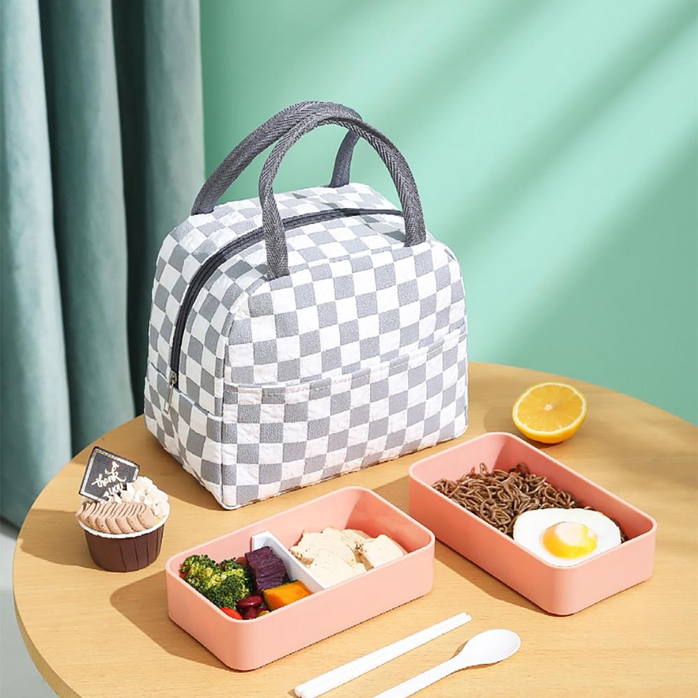 Quilted Checker Lunch Box - Full Zipper Closure - One External Open Pocket - Insulated Body - Approximately 8" T X 8.5" L X 5" D - Strap Drop 4.5" L view 6