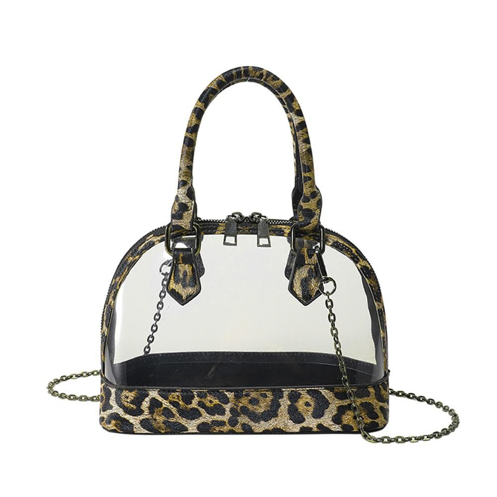 Clear Tote Bag With Leopard Print Trim and Removable Cross Body Chain Link Strap - Zip Closure - Approximately 9" L x 6" T x 4" W - Chain Drop 24" L view 2