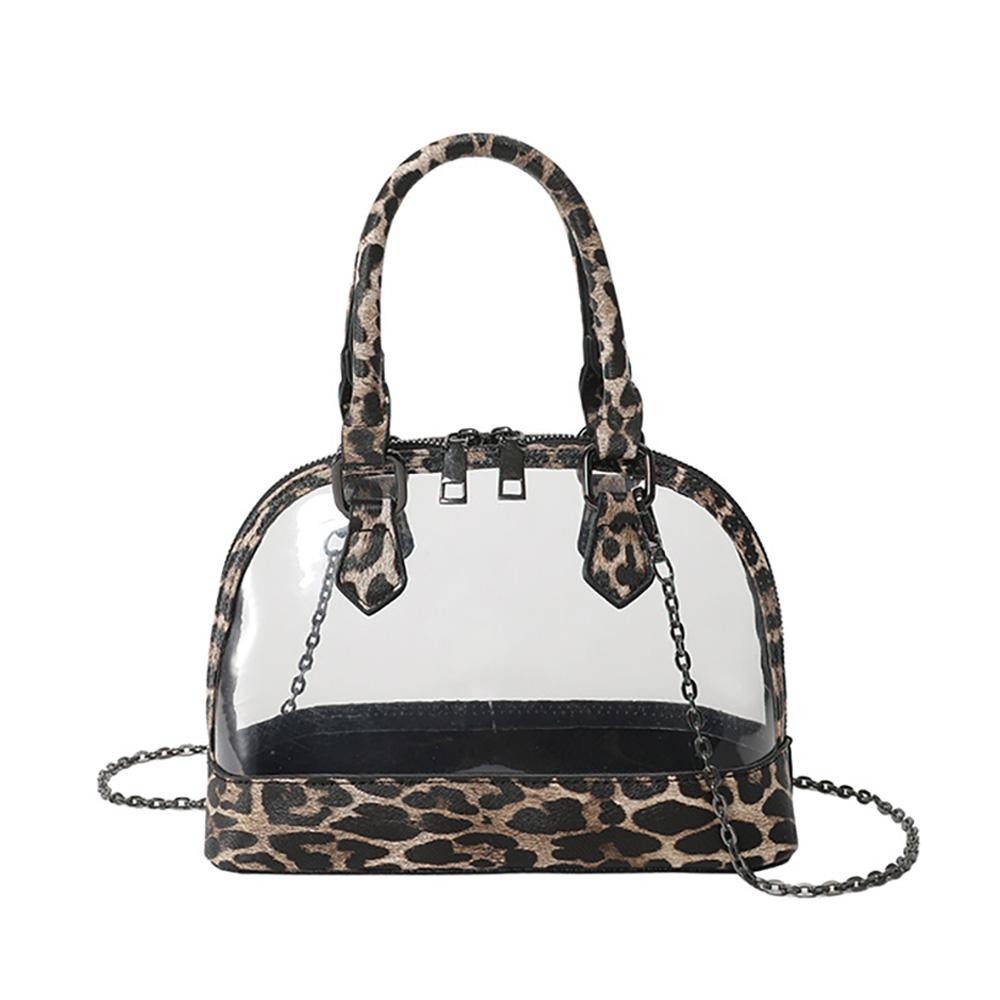 Clear Tote Bag With Leopard Print Trim and Removable Cross Body Chain Link Strap - Zip Closure - Approximately 9" L x 6" T x 4" W - Chain Drop 24" L view 2