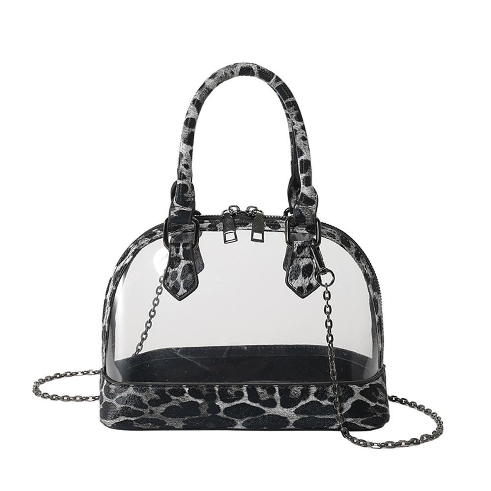 Clear Tote Bag With Leopard Print Trim and Removable Cross Body Chain Link Strap - Zip Closure - Approximately 9" L x 6" T x 4" W - Chain Drop 24" L view 2
