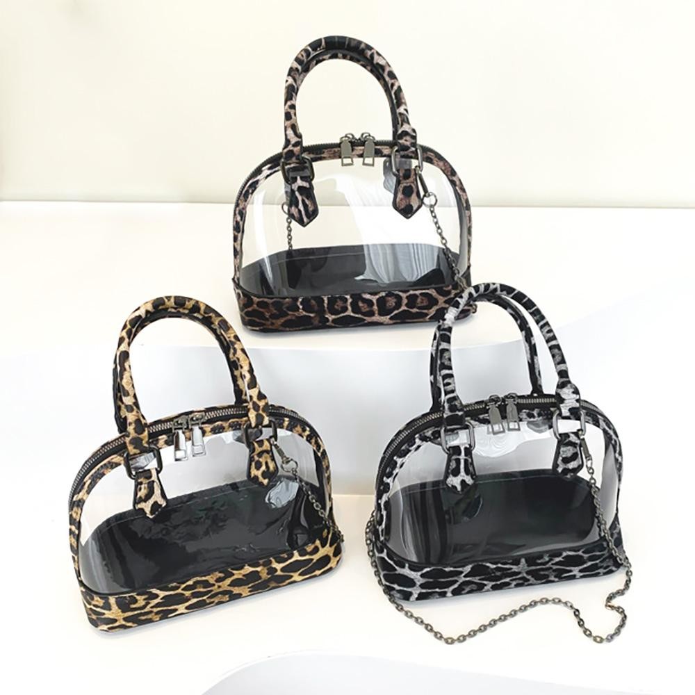 Clear Tote Bag With Leopard Print Trim and Removable Cross Body Chain Link Strap - Zip Closure - Approximately 9" L x 6" T x 4" W - Chain Drop 24" L view 4