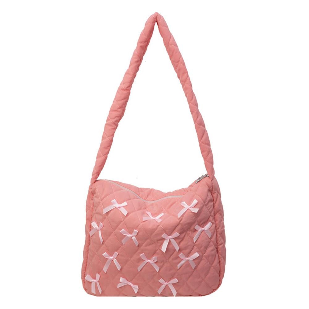 Quilted Nylon Cross Body Bag With Bow Details - Full Zipper Closure - Lined Body - One Internal Zipper Pocket - Approximately 14" L X 13" T X 3" D - Strap Drop 15" L view 2